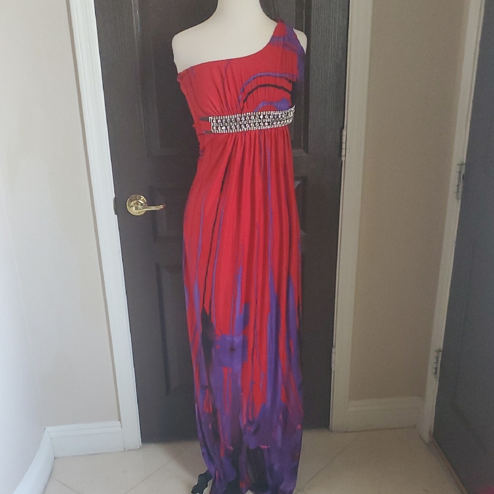 Sky Red and Purple One-Shoulder Maxi Dress